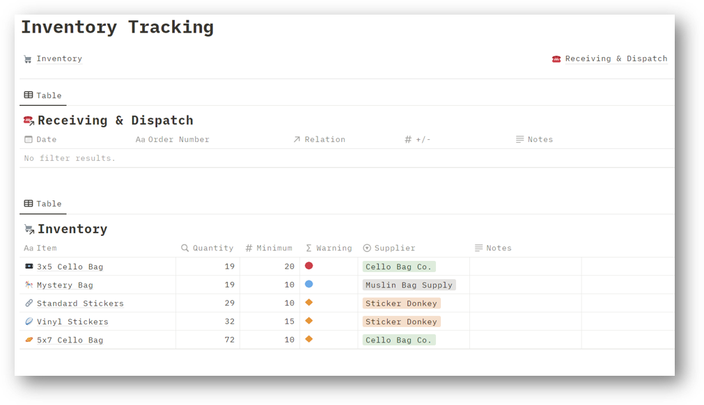 Notion Template “Inventory Tracking”